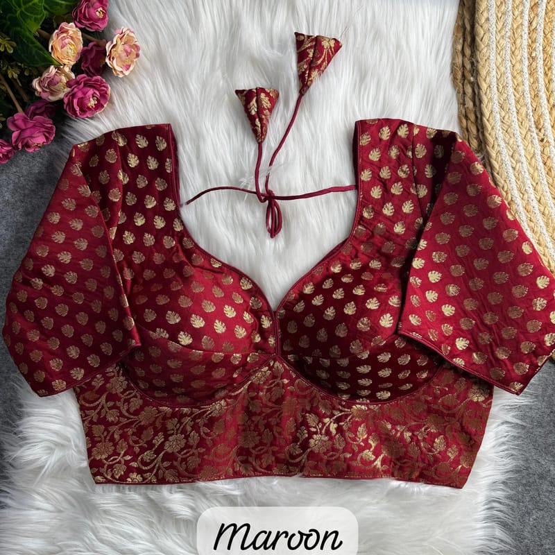  Maroon Brocade Blouse with Gold Buta and Floral Motifs
