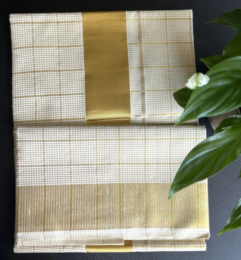 White and Gold Checked Kasavu Saree with Gold Zari Border - Image 2