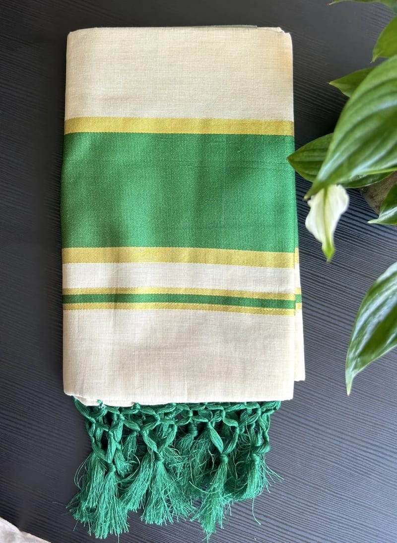 White, Green, and Yellow Striped Kasavu Saree with Green Tassels - Image 2