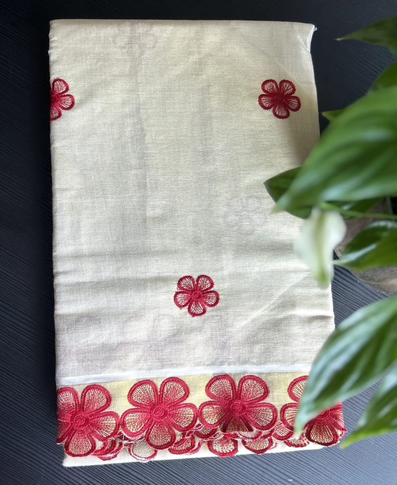 White Kasavu Saree with Red Floral Embroidery and Border - Image 2