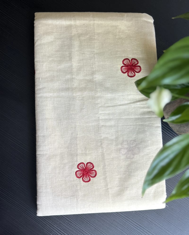 White Kasavu Saree with Red Floral Embroidery and Border - Image 3