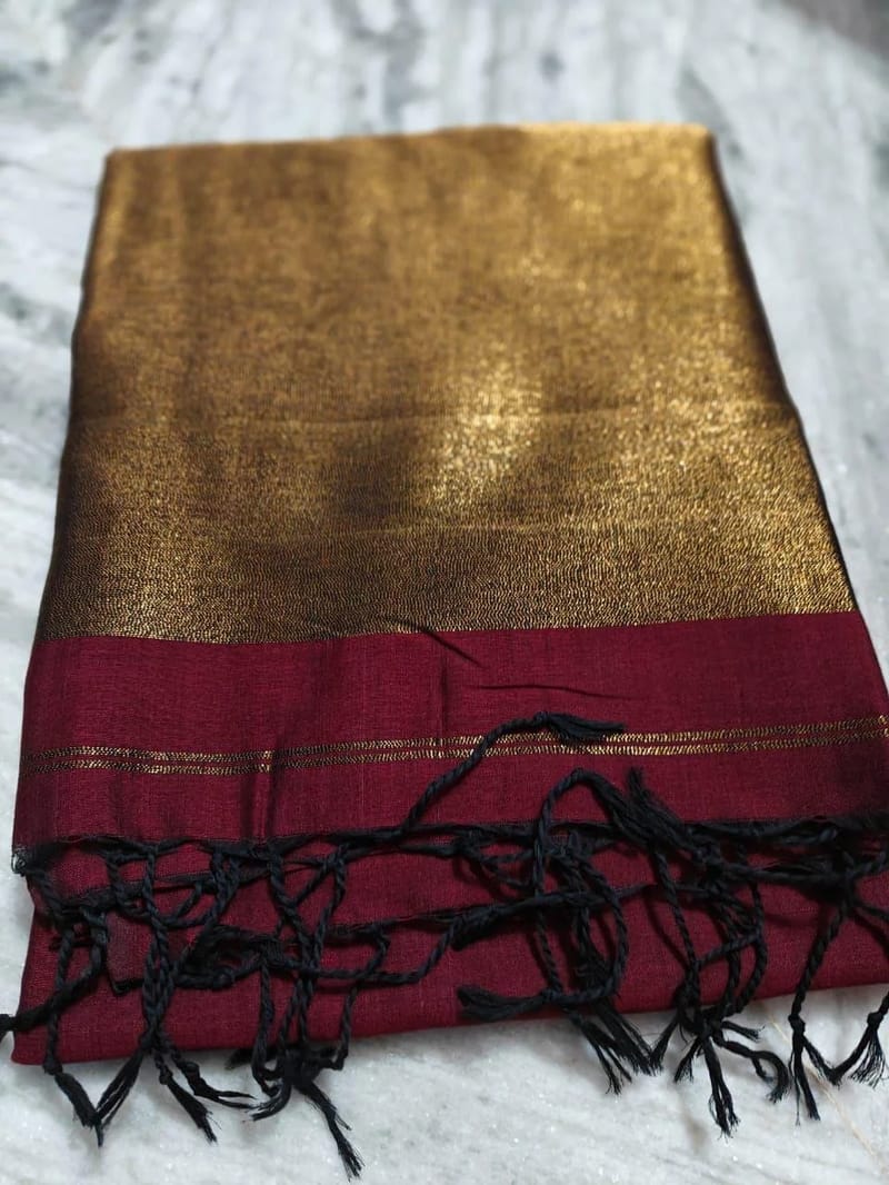  Maroon and Gold Kasavu Saree with Black Tassels and Stitched Blouse - Image 3