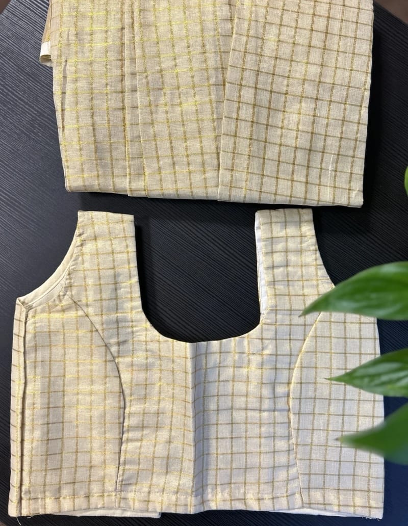 Kids Cream and Gold Checked Blouse with Cream and Gold Checked Skirt - Image 2