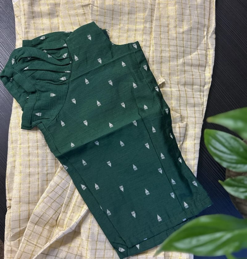 Kids Green Embroidered Top with Ruffled Sleeves and Cream and Gold Checked Skirt