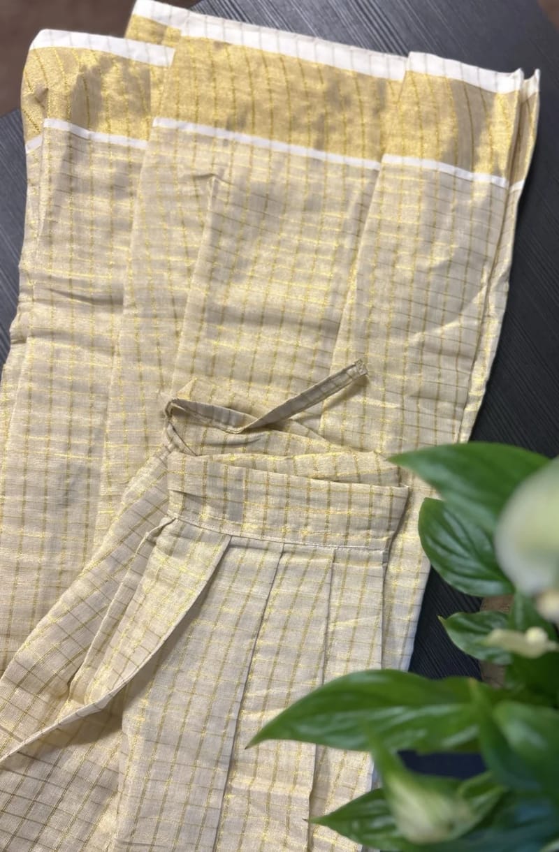 Kids Green Embroidered Top with Ruffled Sleeves and Cream and Gold Checked Skirt - Image 3