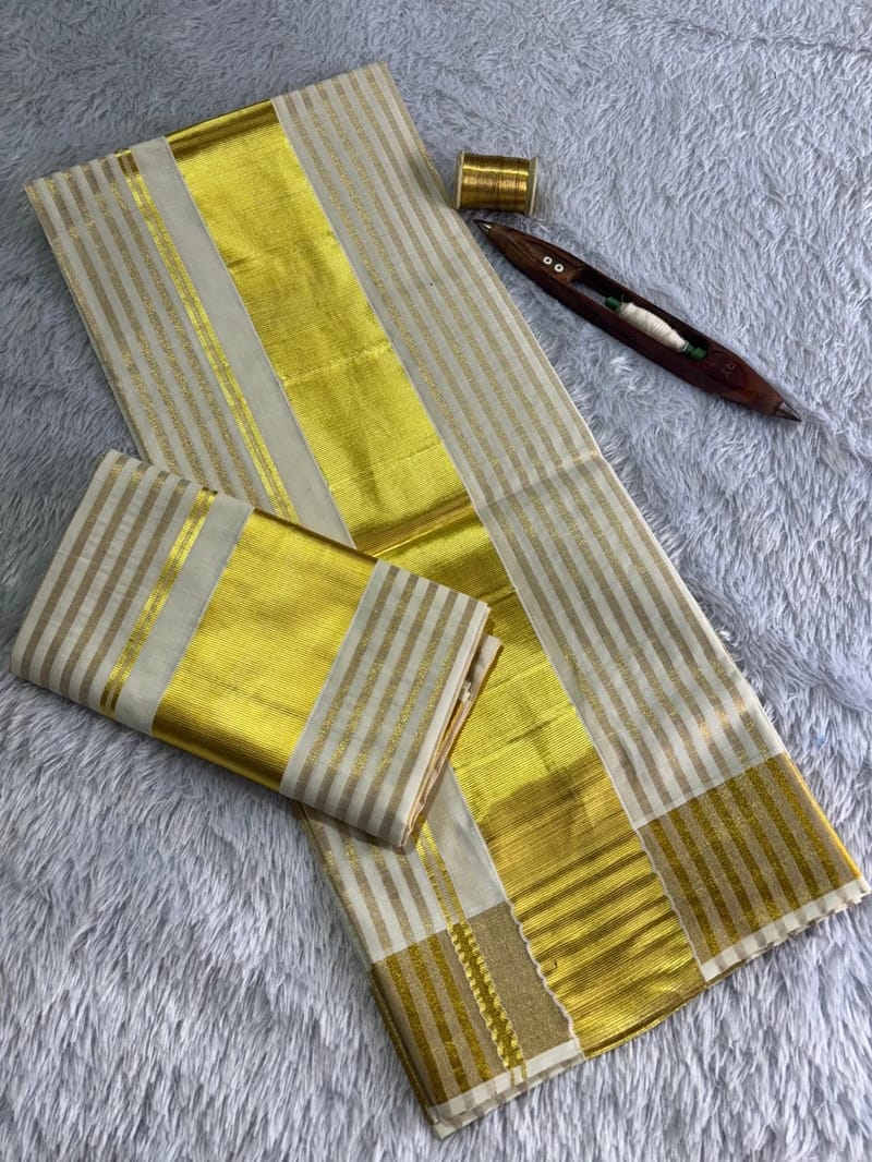 Gold-Striped and Broad Gold-Bordered Single Set Mundu - Image 2