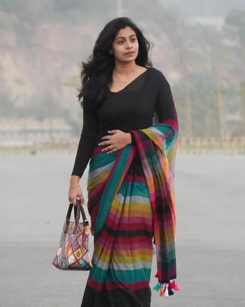 Black Saree with a Multi-colored Striped Pallu - Image 4