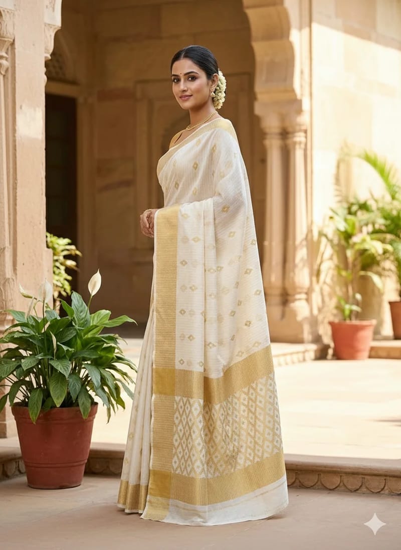 White and Gold Diamond Pattern Kerala Kasavu Saree - Image 2