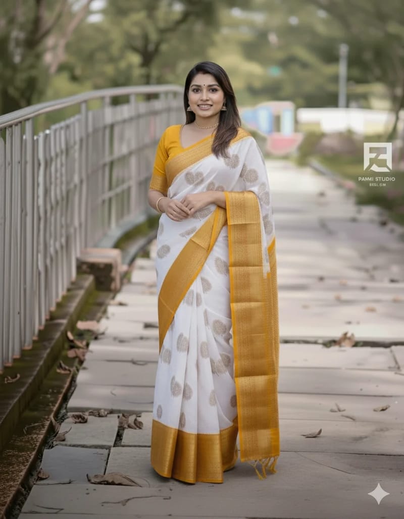 Yellow White Saree with Gold Leaf Motifs (with blouse) - Image 2