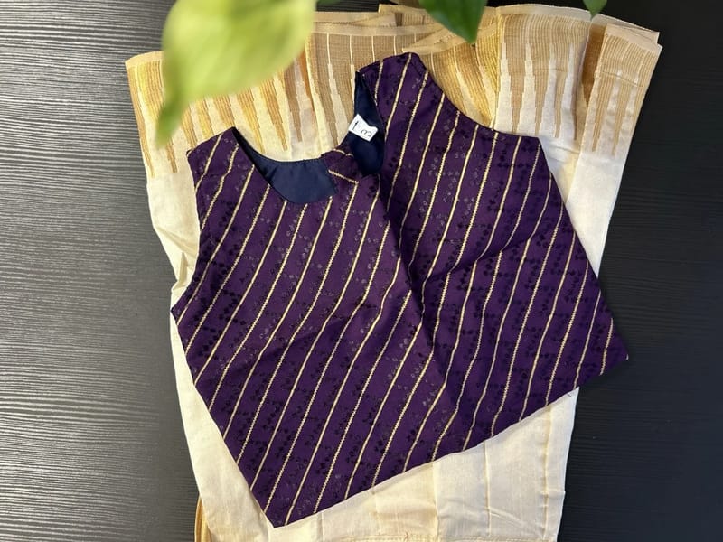 Kids Purple and Gold Striped Blouse and Cream Skirt with Gold Zari Border - Image 2