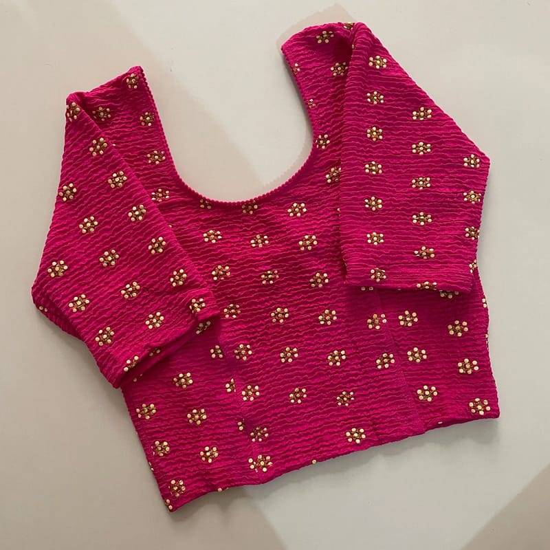Hot Pink Textured Stretchable Blouse with Gold Floral Motifs - Image 2