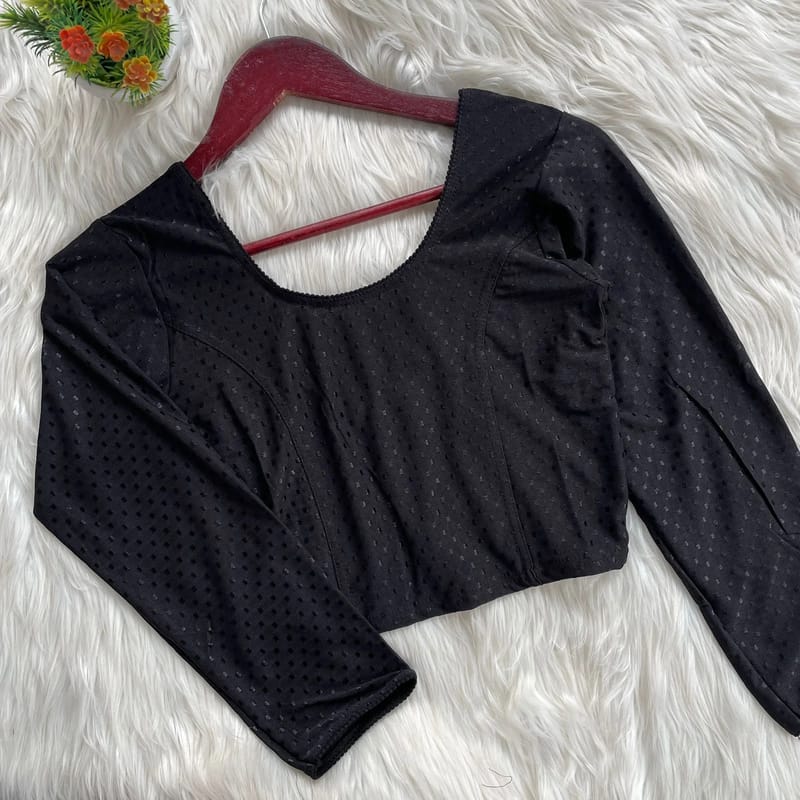  Black Textured Stretchable Blouse with Small Black Motifs - Image 2