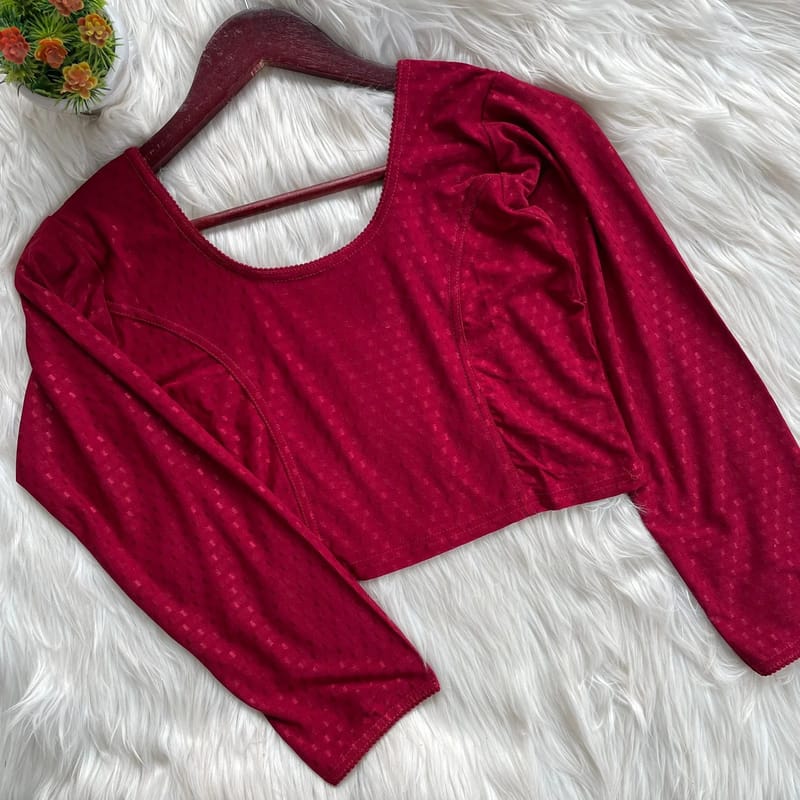  Red Textured Stretchable Blouse with Small Red Motifs - Image 2