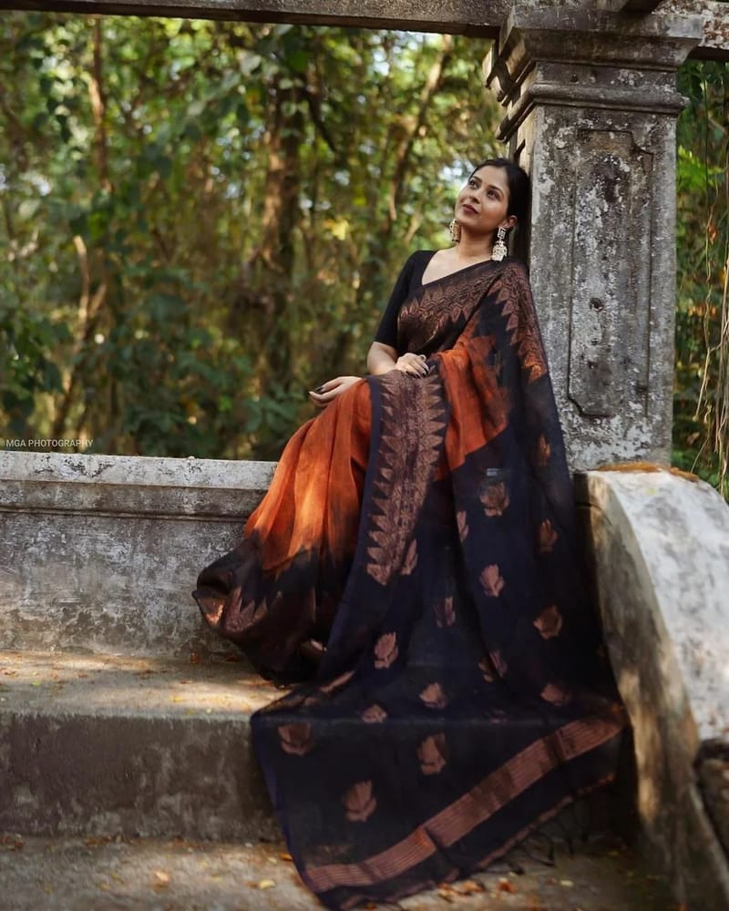Black and copper-toned saree with floral and geometric motifs - Image 2