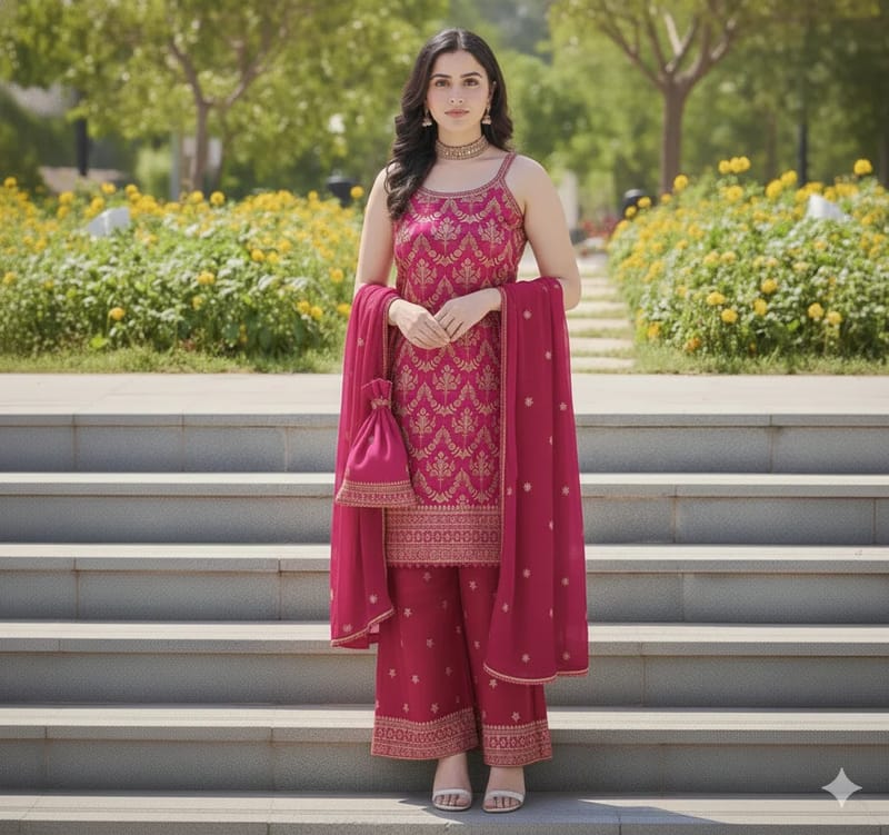 Rani Pink Sharara Suit with all-over Gold Zari Embroidery - Image 2