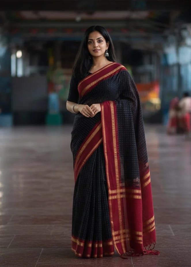 Black Saree with a subtle checked pattern and a broad Maroon and Gold Striped Border with Blouse - Image 3