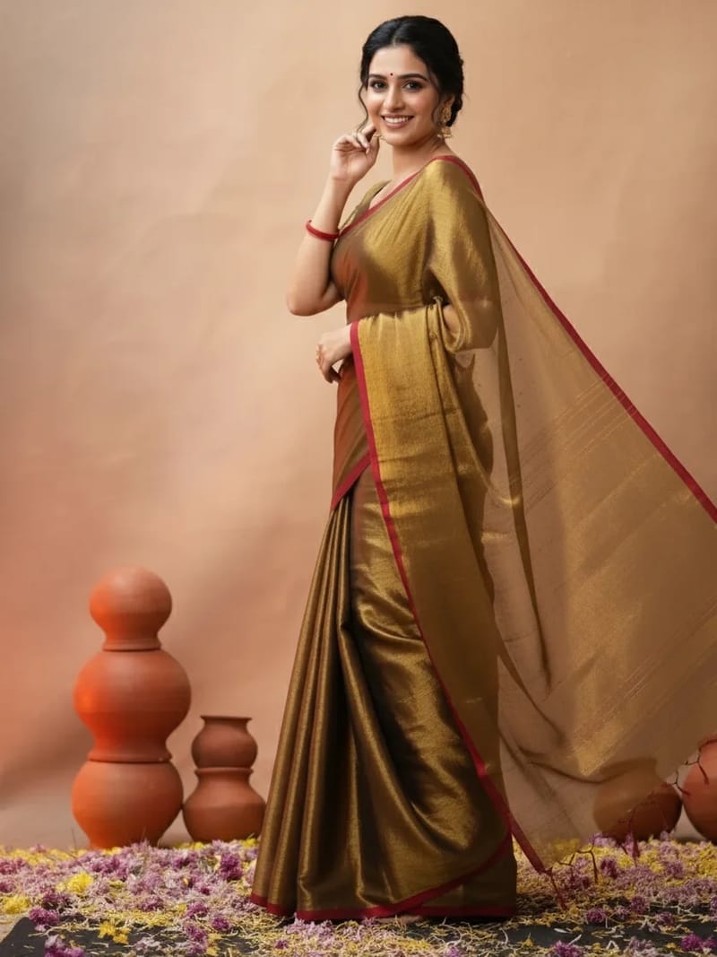 Antique Gold Raga Tissue Saree (with Plain Stitched Blouse) - Image 2