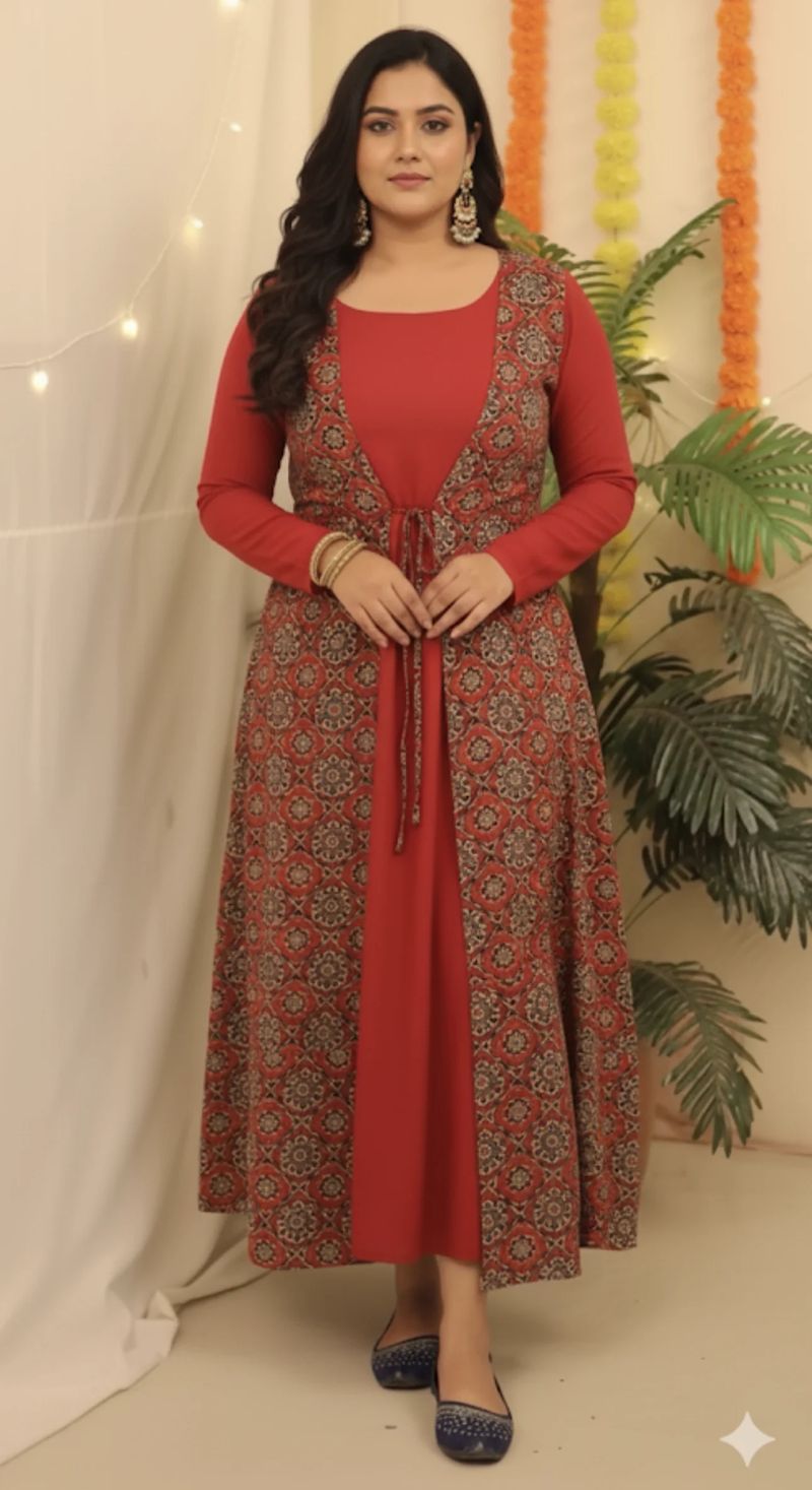 Red Dress with Printed Rust Shrug