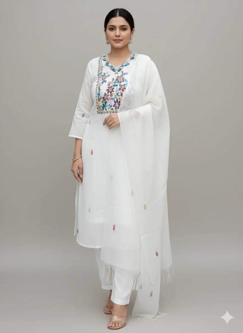 White Mul Chanderi Salwar Suit with Multi-Color Embroidered Yoke - Image 2