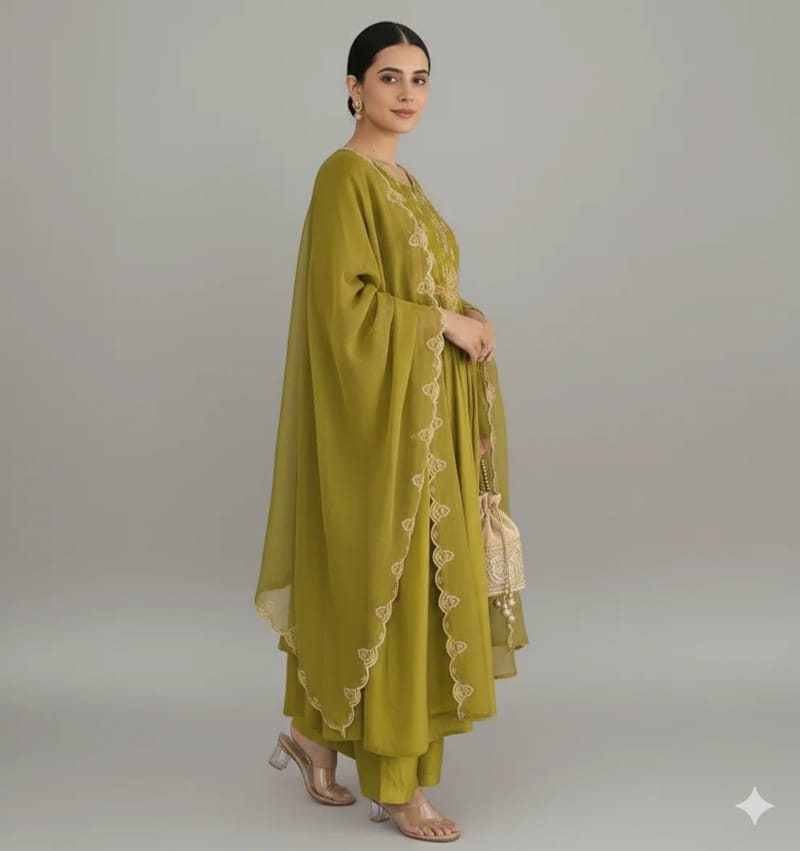 Olive Green Mul Chanderi Anarkali Suit with Sequin Work - Image 4