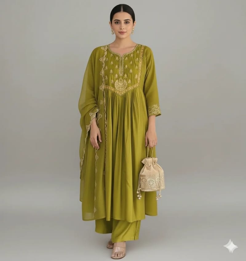 Olive Green Mul Chanderi Anarkali Suit with Sequin Work - Image 2