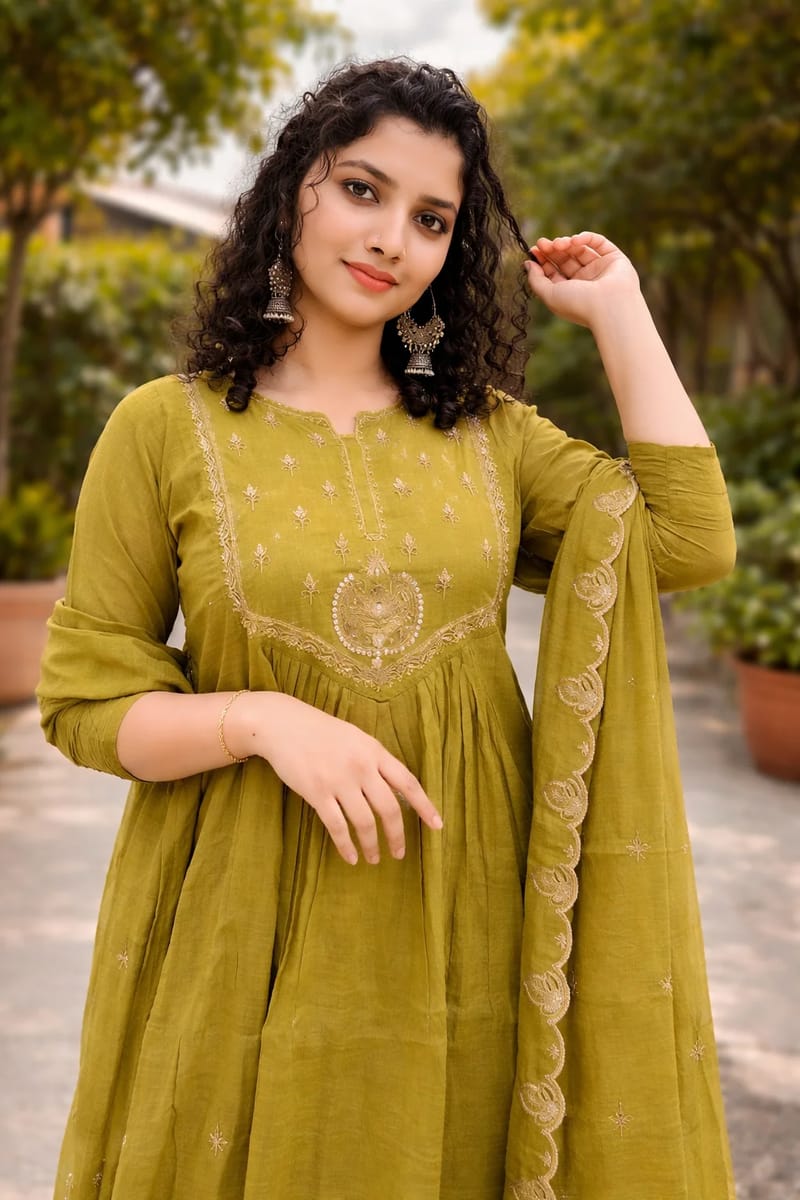 Olive Green Mul Chanderi Anarkali Suit with Sequin Work - Image 3