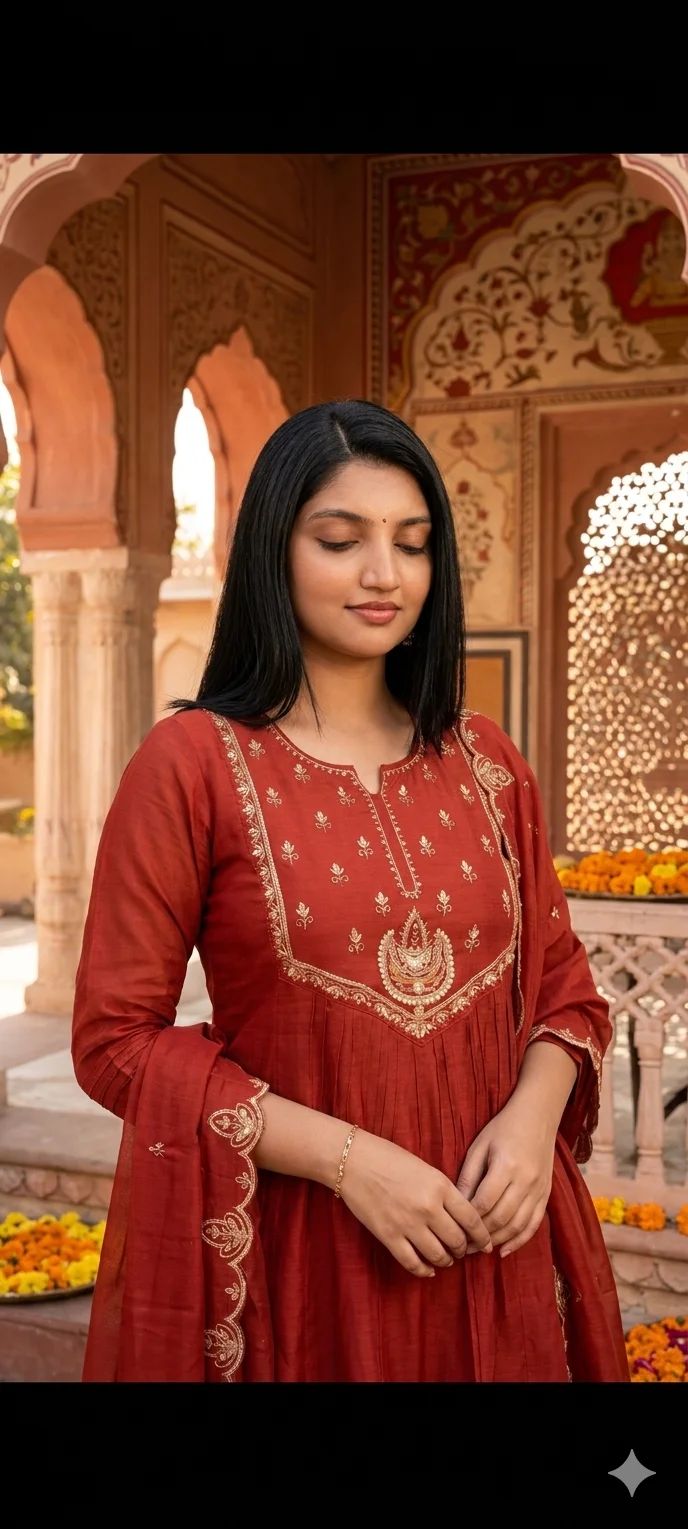 Rust Red Mul Chanderi Anarkali Suit with Sequin Work - Image 2