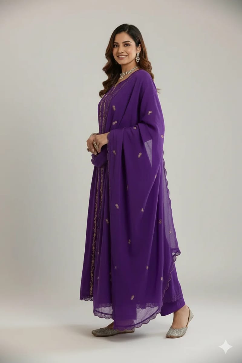 Ivory Mul Chanderi Salwar with Gold Sequin Yoke purple colour  - Image 3