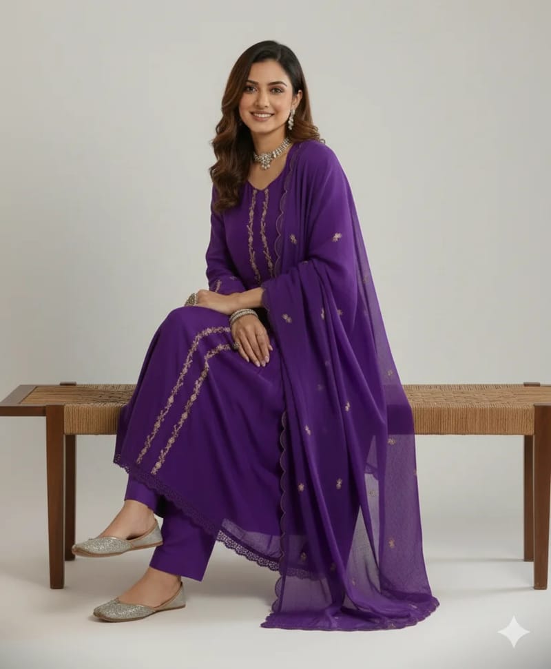 Ivory Mul Chanderi Salwar with Gold Sequin Yoke purple colour  - Image 2