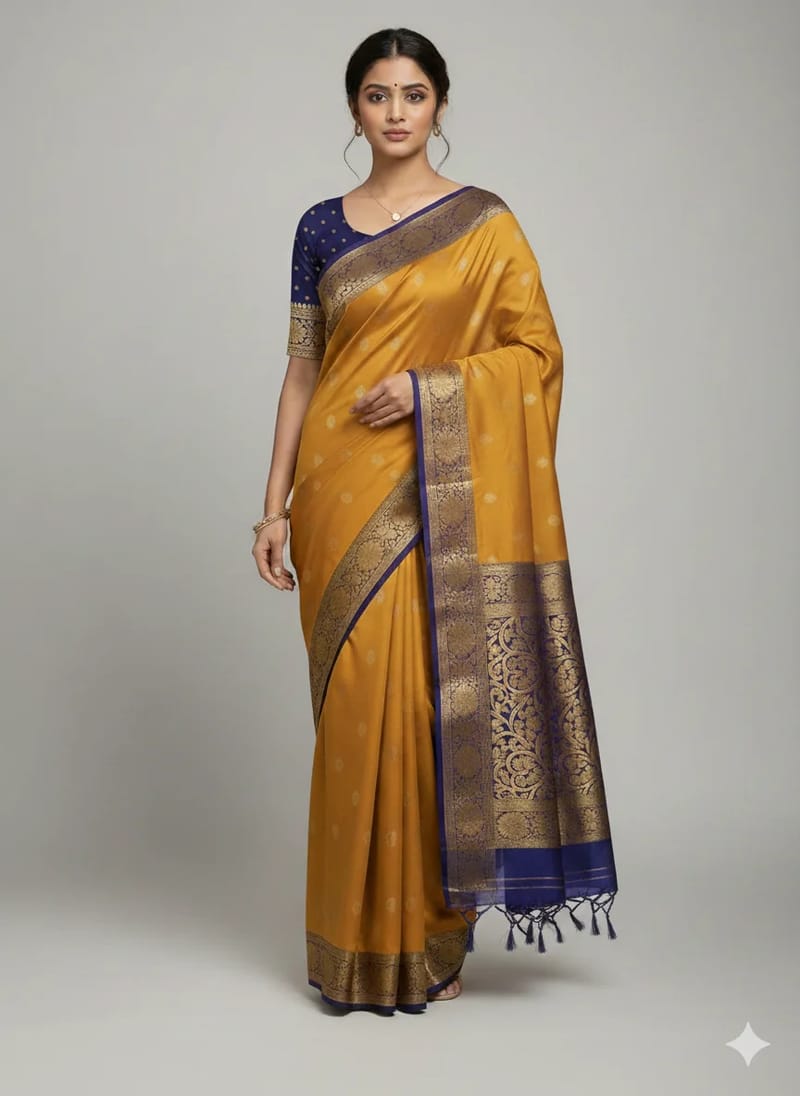 Mustard Yellow Georgette Banarasi Saree with Navy Blue Zari Border (with Stitched Blouse) - Image 2