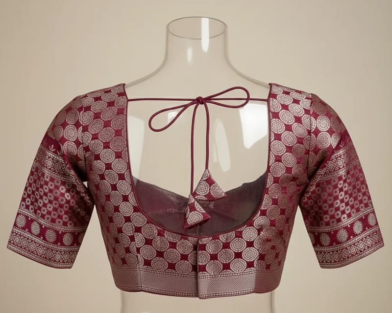 Deep Plum Brocade Saree Blouse with Intricate Silver Embroidery - Image 3