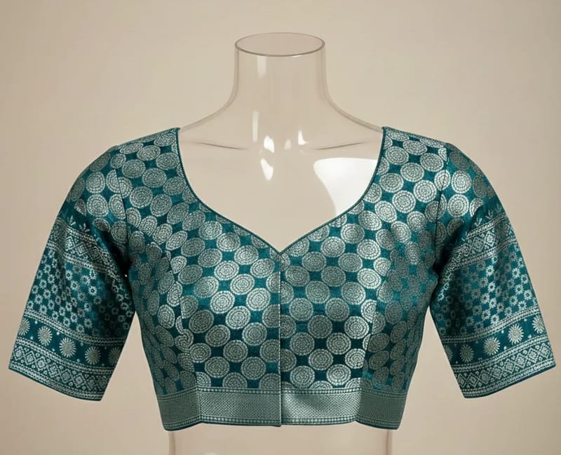 Teal Blue Brocade Saree Blouse with Silver Circle Motifs - Image 2