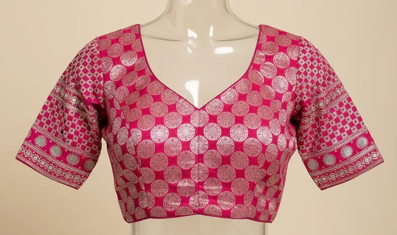 Rani Pink Brocade Saree Blouse with Silver Circle Motifs