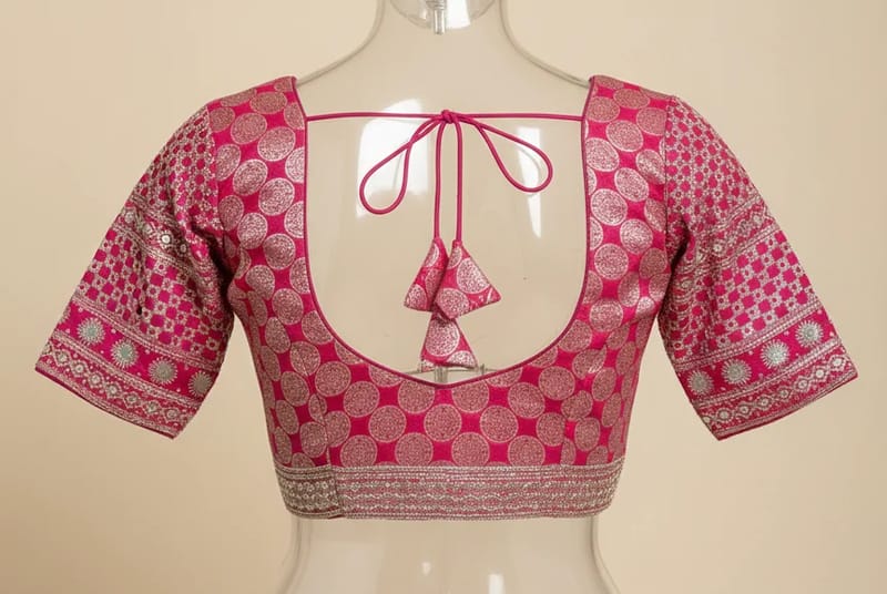Rani Pink Brocade Saree Blouse with Silver Circle Motifs - Image 2