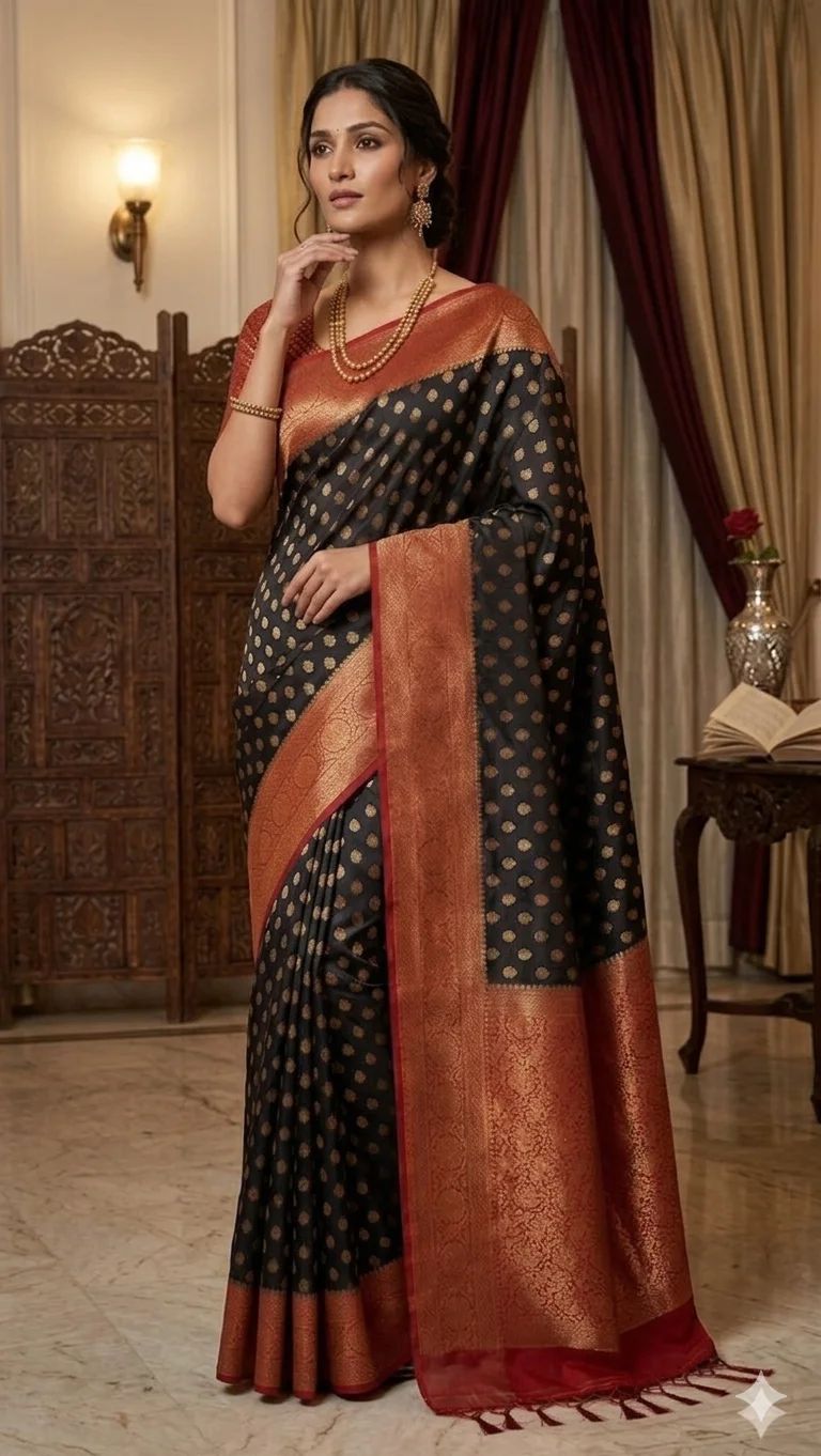 Black Georgette Banarasi Saree with Gold Polka Dots and Red Zari Border (with Stitched Blouse) - Image 2