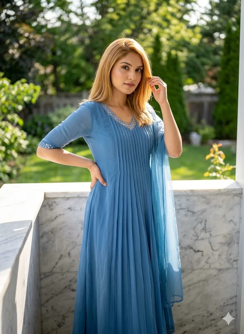 Steel Blue Pleated Georgette Salwar Suit with Embellished Net Dupatta - Image 4
