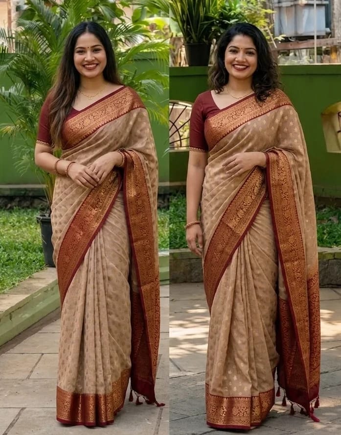 Cream Georgette Banarasi Saree with Wine Red Polka Dot Blouse and Zari Border - Image 3