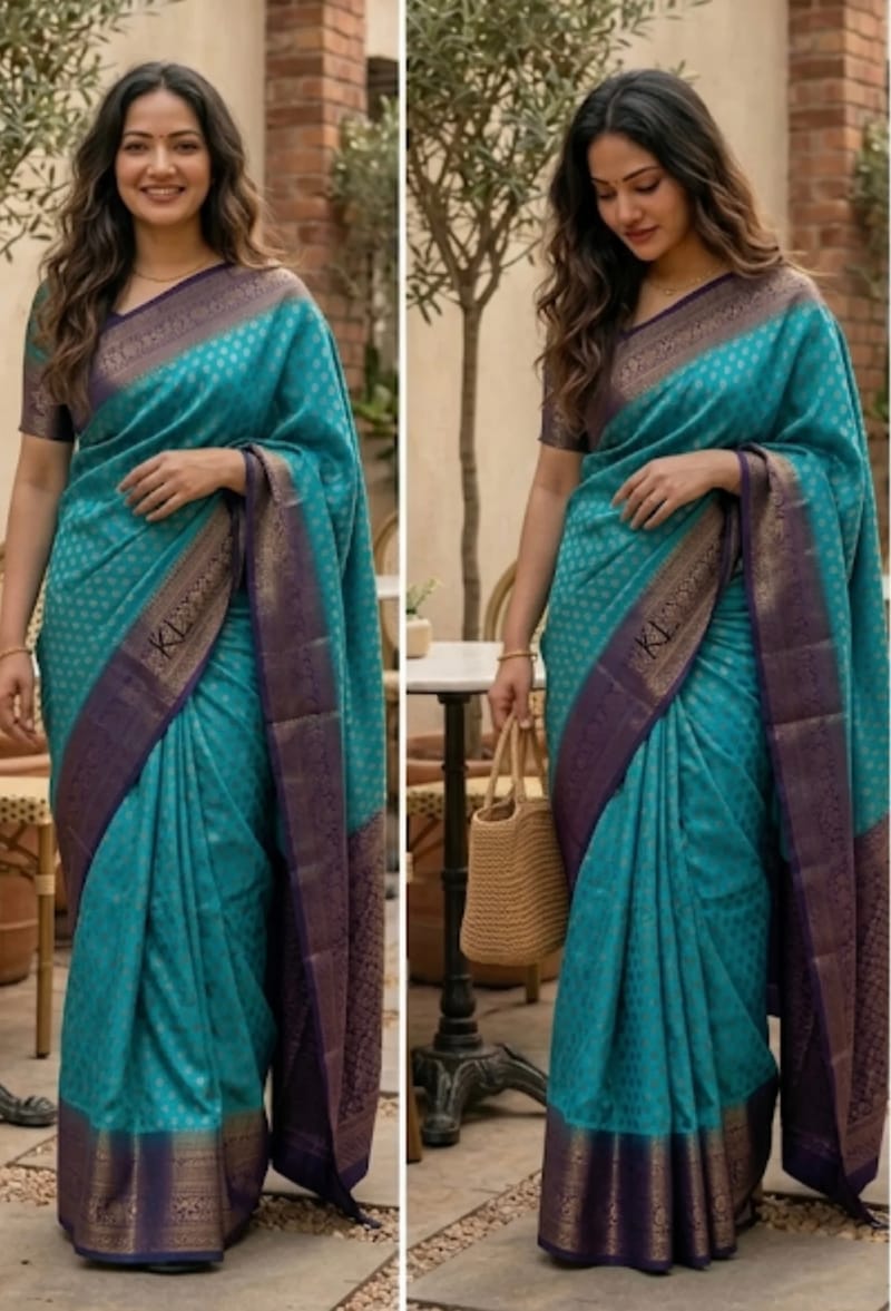 Sea Green Georgette Banarasi Saree with Navy Blue Floral Zari Border and Matching Blouse - Image 2