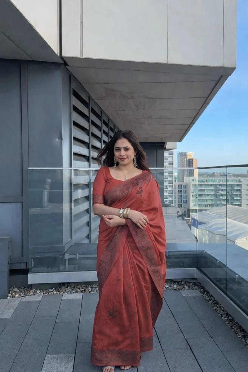 Georgette Saree with Intricate Silver Floral Border and Matching Blouse - Orange colour  - Image 2