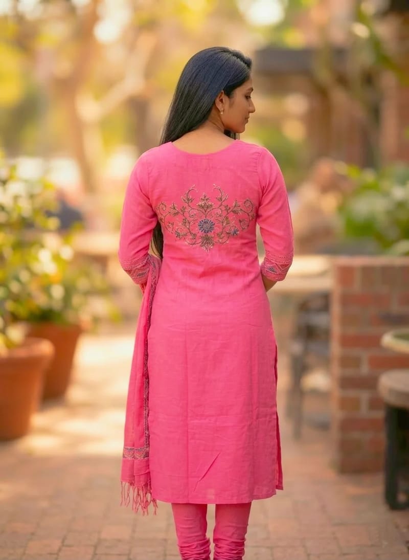 Mul chanderi churidar with khatha work pink colour  - Image 4