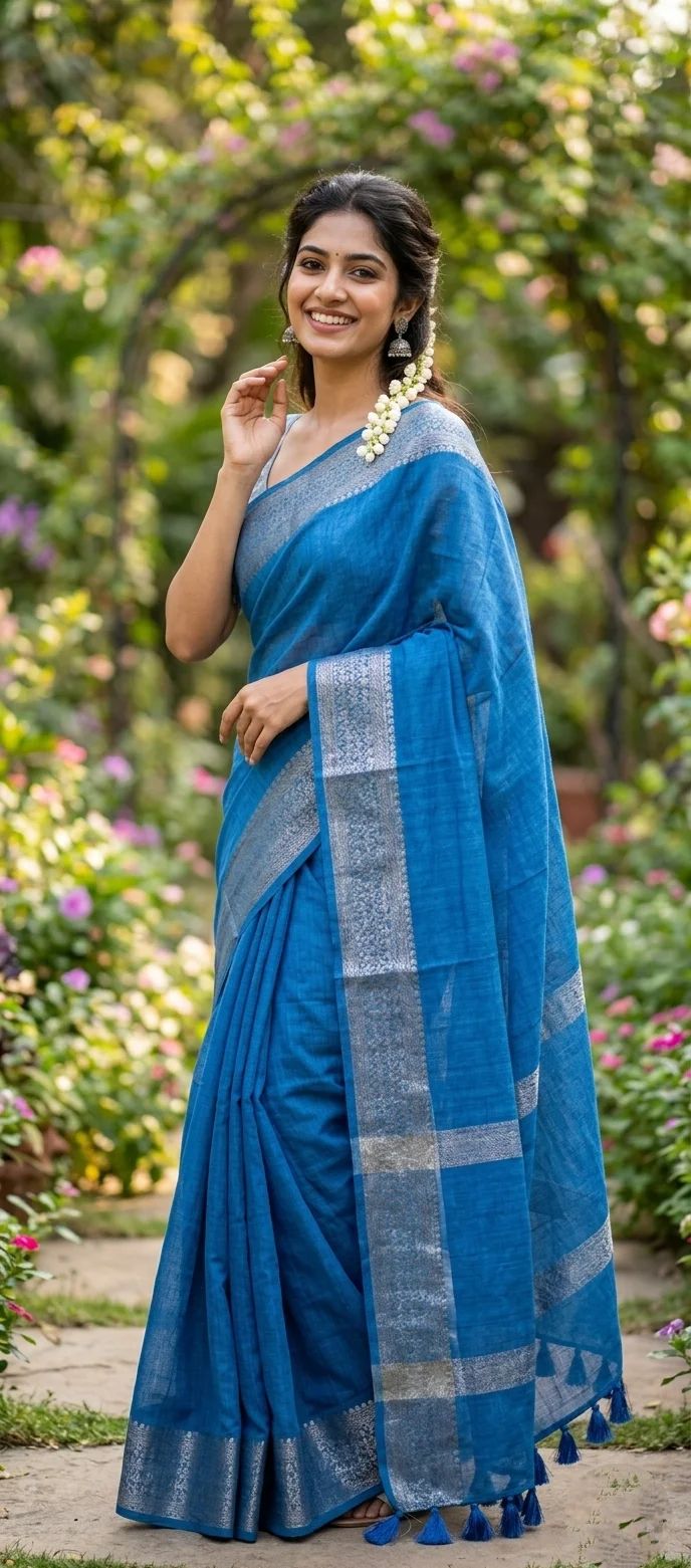 Semi-jute fabric featuring a kasavu border, paired with an elbow-sleeve blouse - Blue colour 