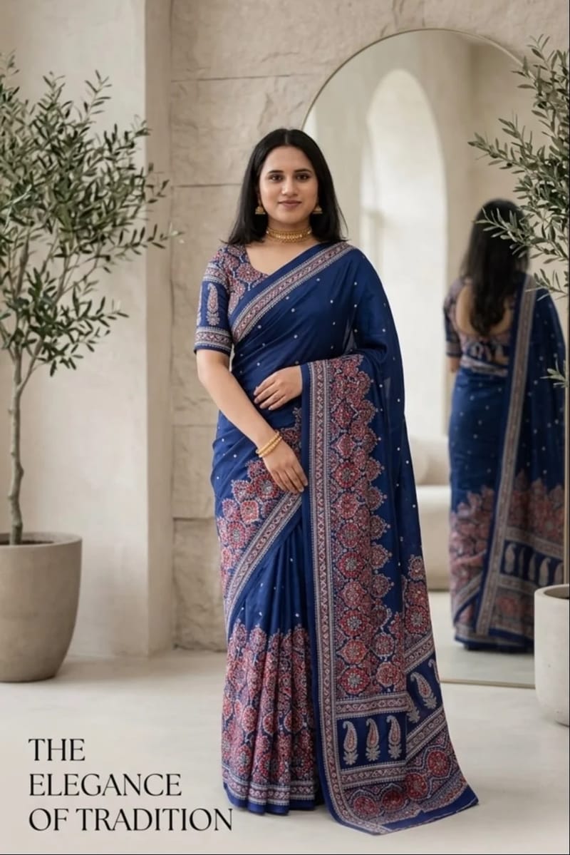 Ready to wear semi modal blue saree with Mirrorwork