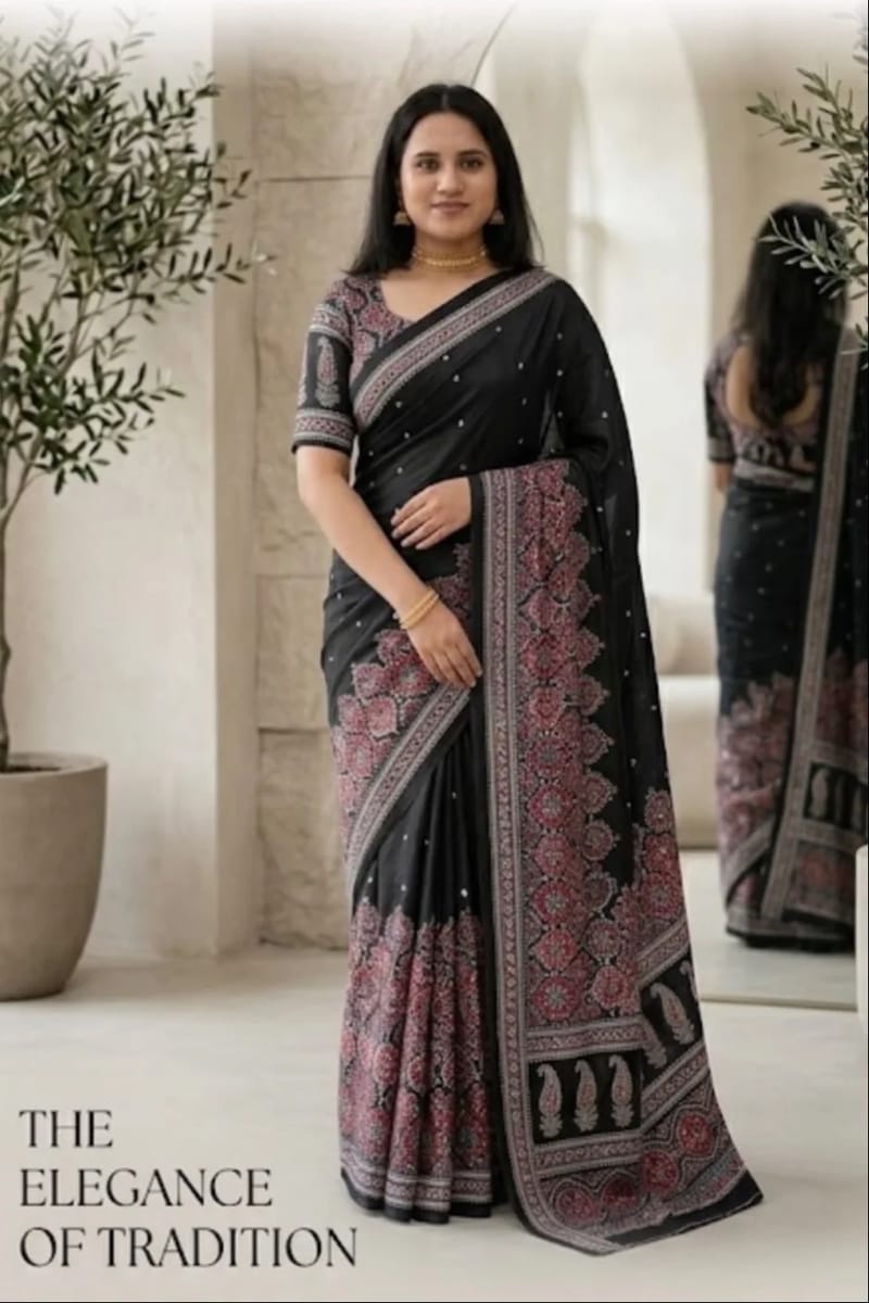 Ready to wear semi modal black saree with Mirrorwork
