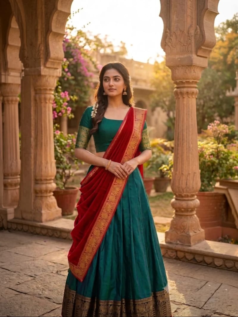 Kanji Cotton Peacock Green & Maroon Dhavani