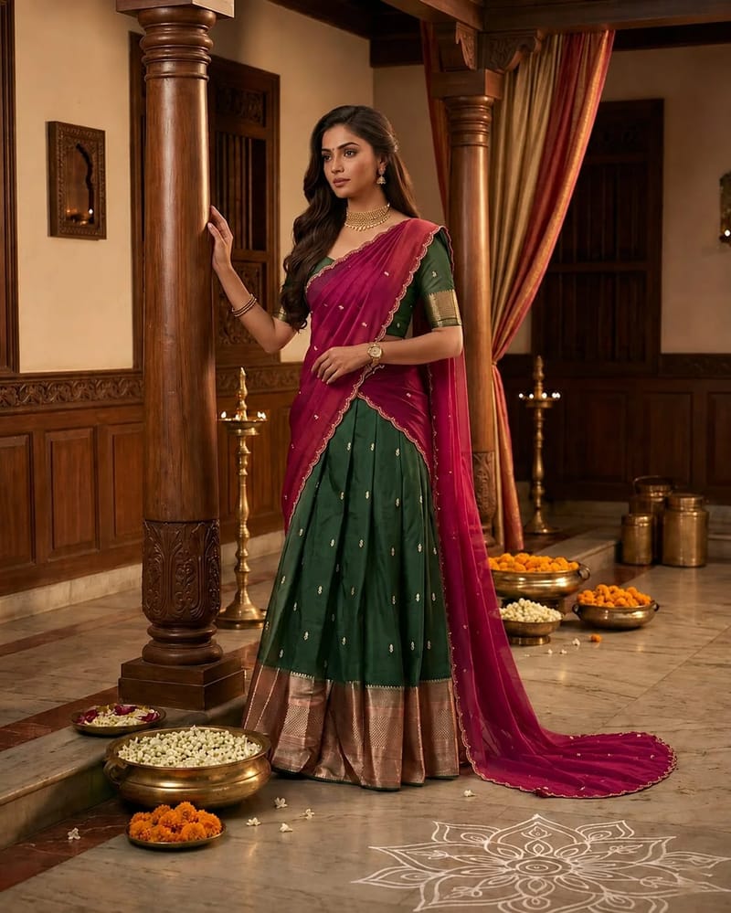 Kanji Cotton Emerald Green & Magenta Pink Dhavani