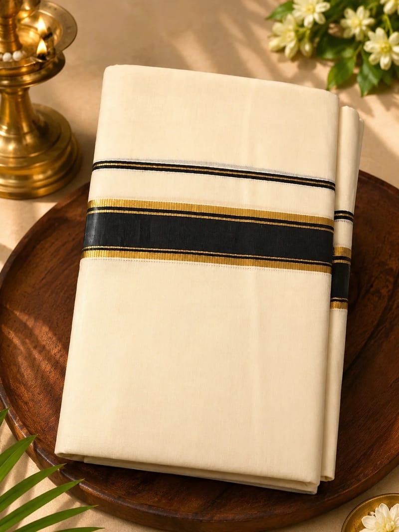 Off white Kasavu Mundu with black Zari border and stripes