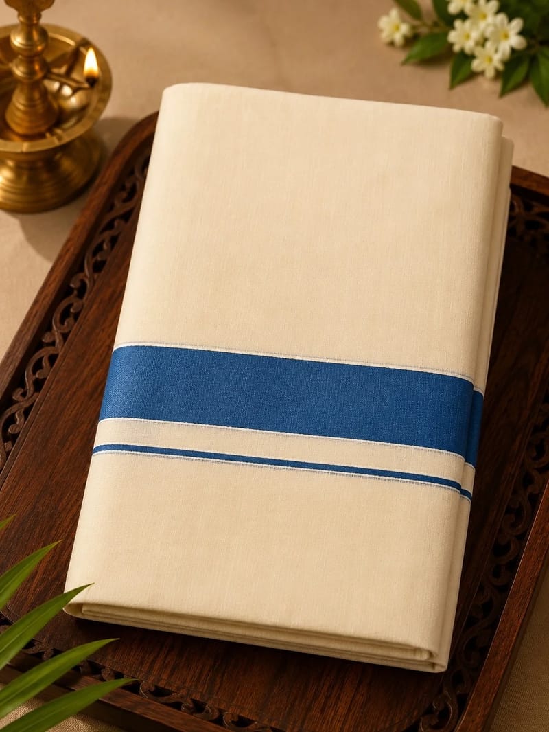 Off- White Kasavu Mundu with Blue Zari boder and stripes. Mundu only.