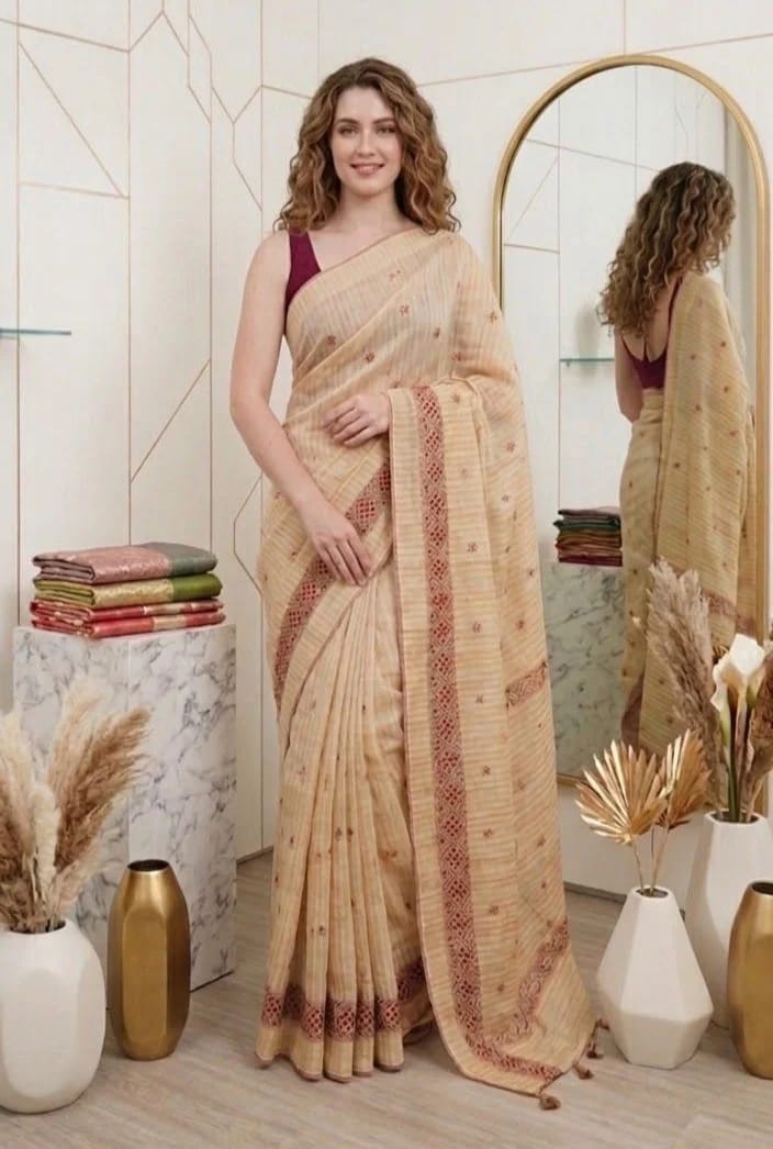 Beige Floral Net Cotta Saree with a rich maroon floral zari border