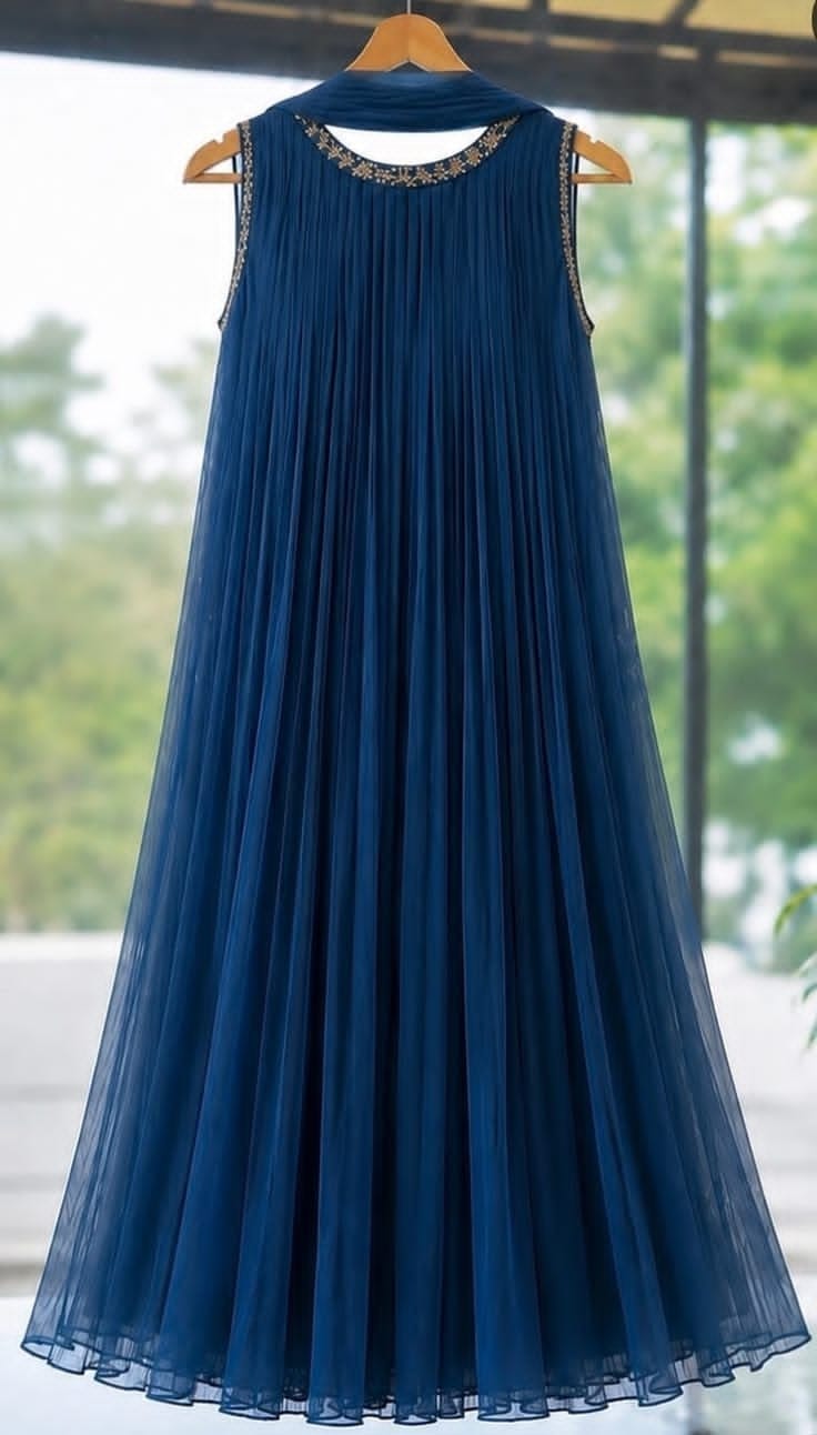 Elegant Midnight Blue Pleated Sleeveless Salwar with Golden Hand Works
