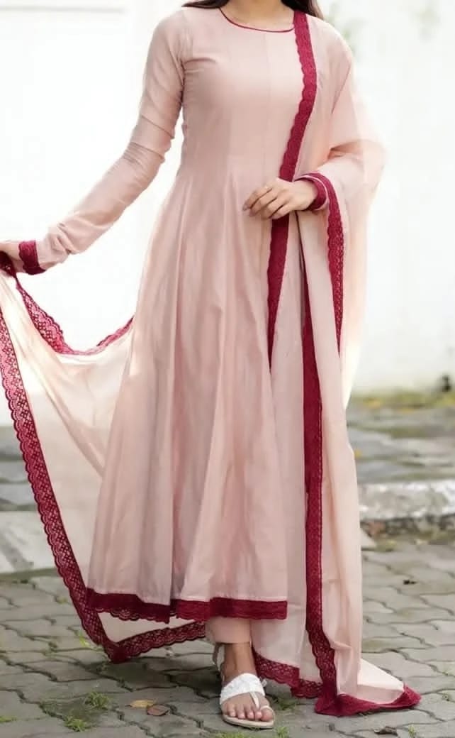 Elegant Pastel Peach Chandheri Panel cut Anarkali with Contrasting Maroon Lace Work